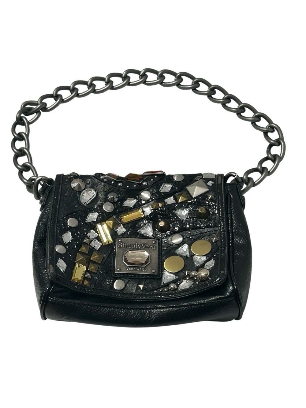 Simply Vera Wang Jewels Rhinestones Purse Chain Strap Faux Leather Beaded Bag